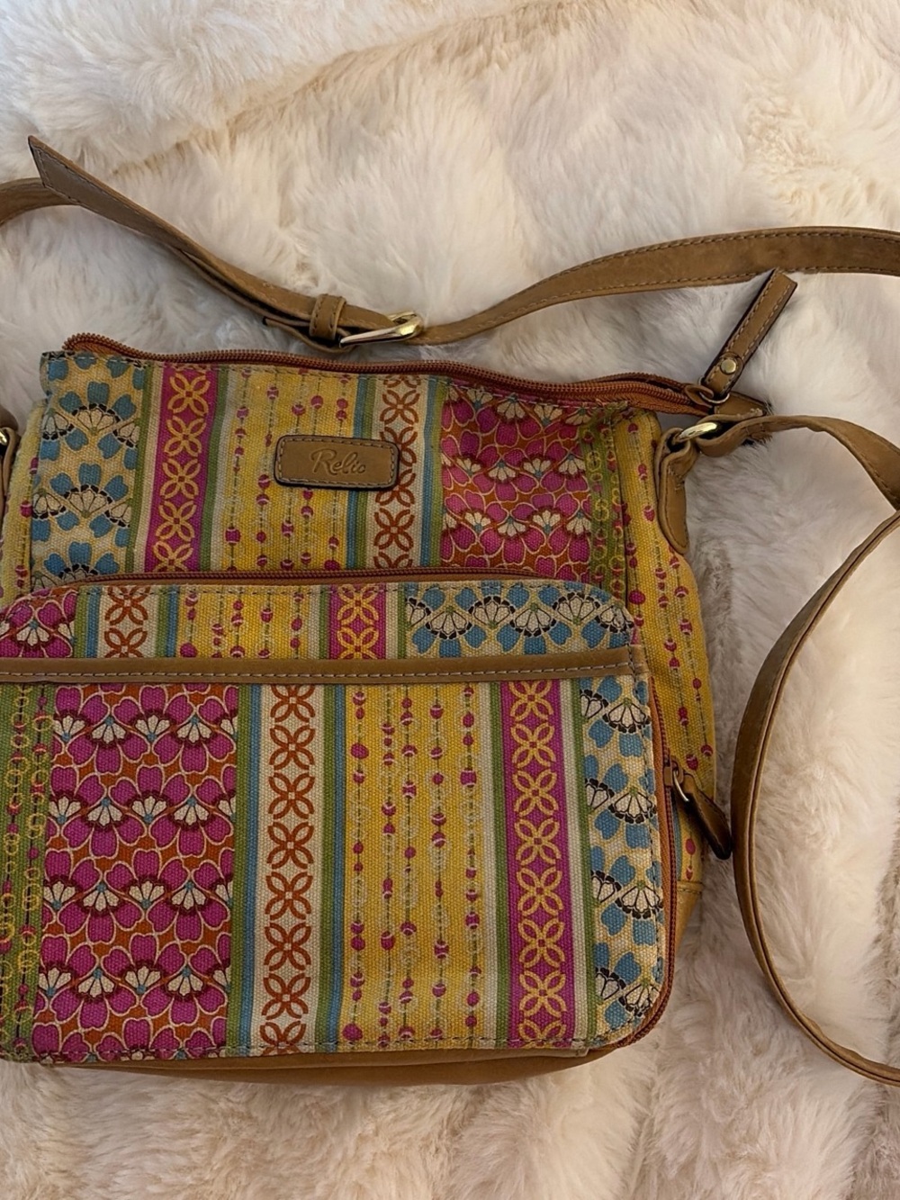 Relic Multicolor Floral Stripe Crossbody Bag with Tan Strap